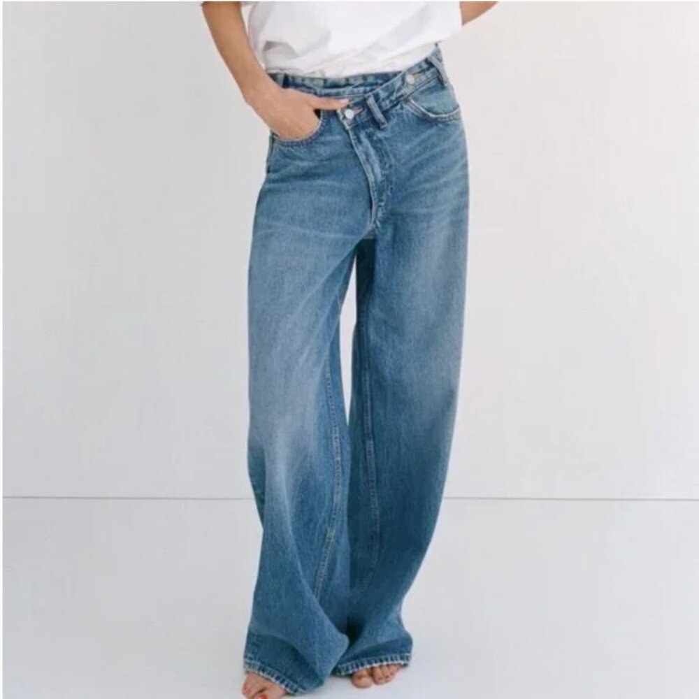 Zara Straight High Rise Cross Waist Jeans Mid-Blue 26 - Picture 1 of 8